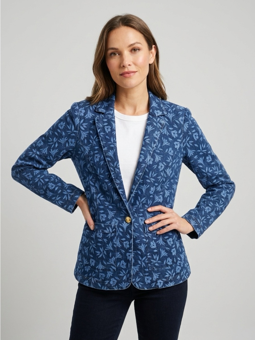 Draper James Floral Denim Blazer Size 10 Coquette Cottagecore Preppy Romantic